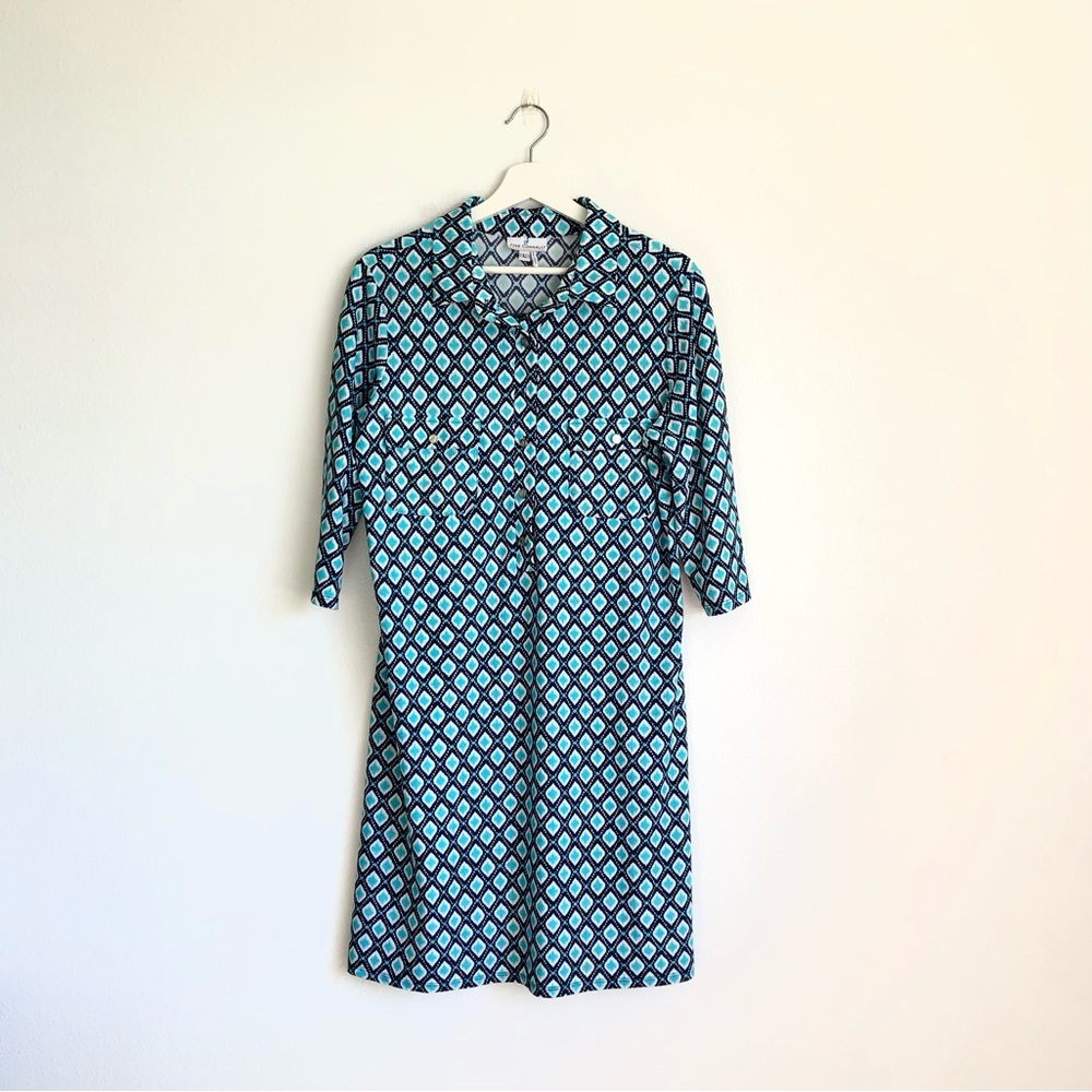 Jude Connally Sloane Blue Ikat Diamond Print Shirt Dress Size Large Resortwear